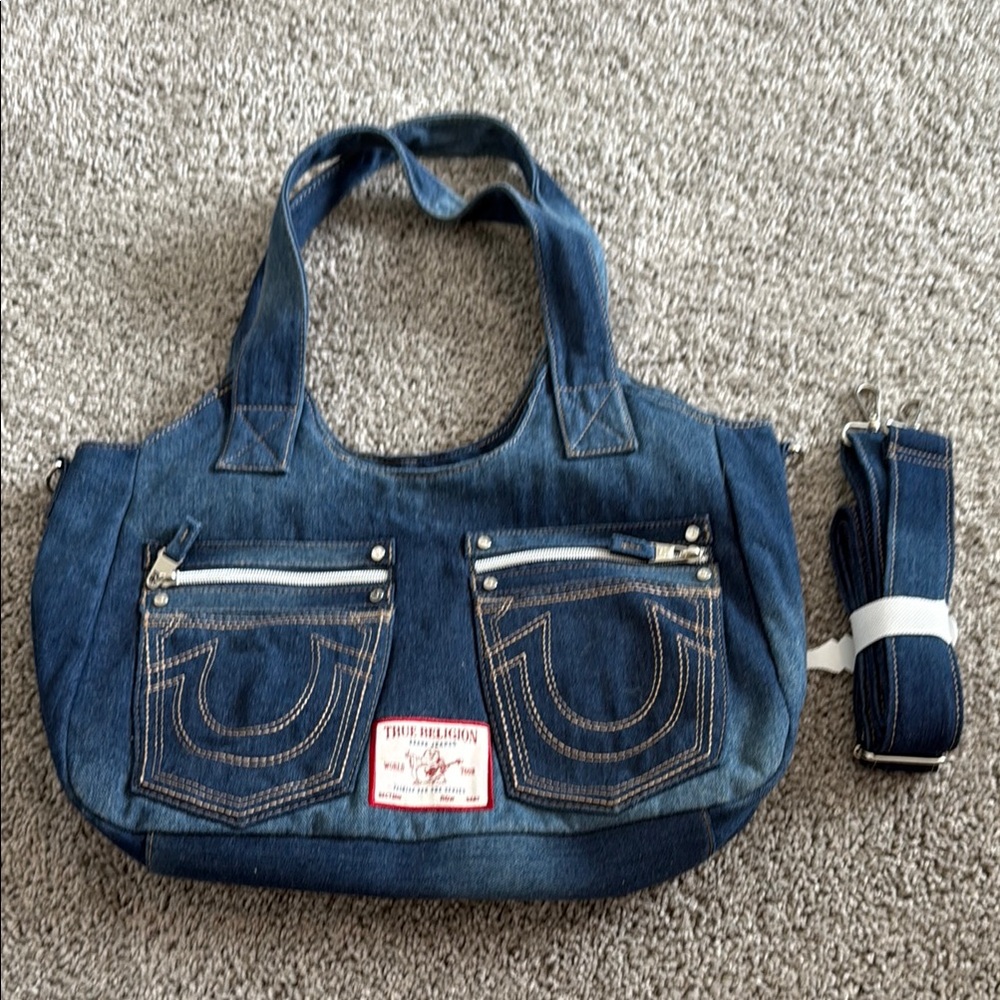 True Religion Blue Denim Shoulder Bag Sporty Design